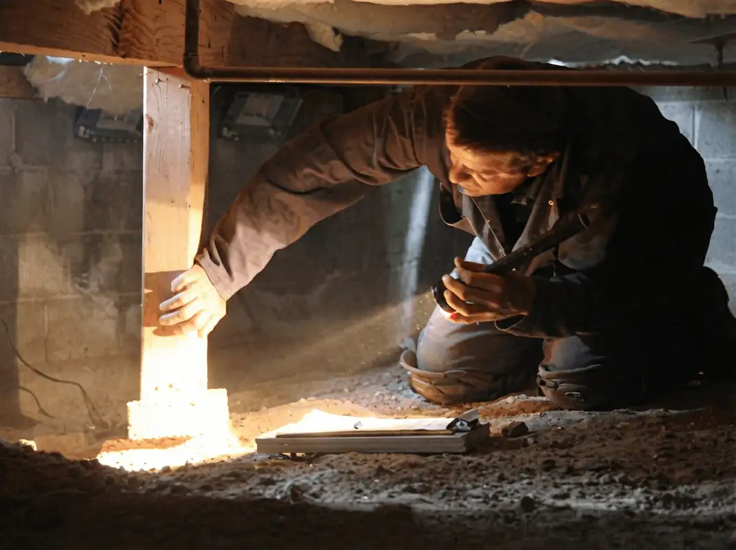 A professional inspecting wooden beams under the floor of a structure in Omaha, NE