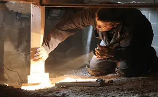A professional inspecting wooden beams under the floor of a structure in Omaha, NE